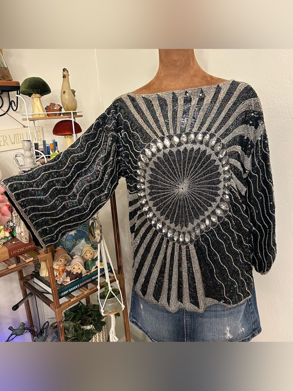 Vintage Art Deco Black & Silver Silk Beaded & Sequin Blouse Shirt